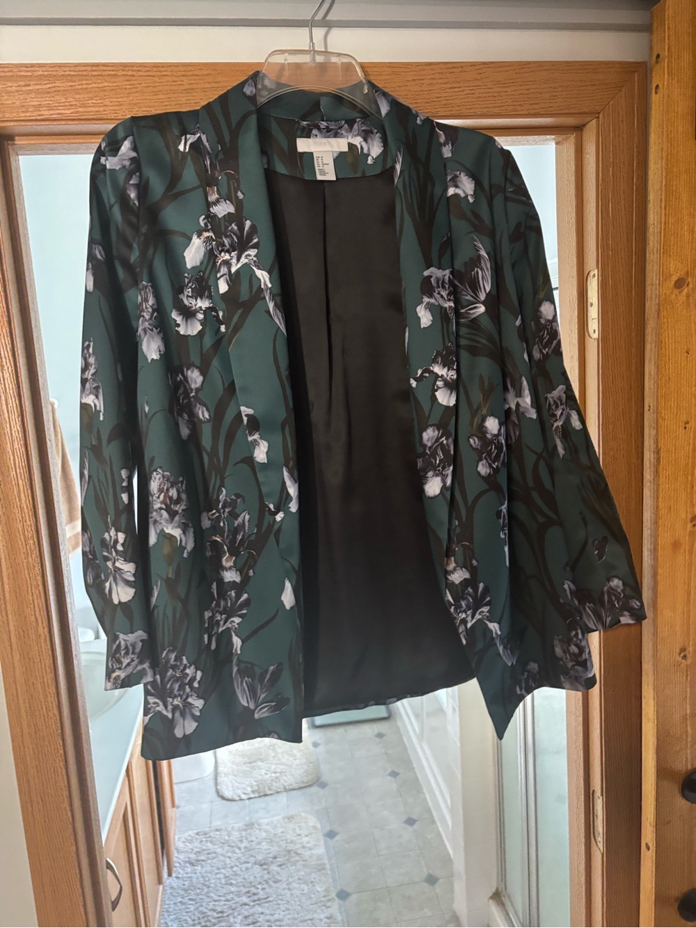 H&M Dark Green Floral Open-Front Silk Blazer